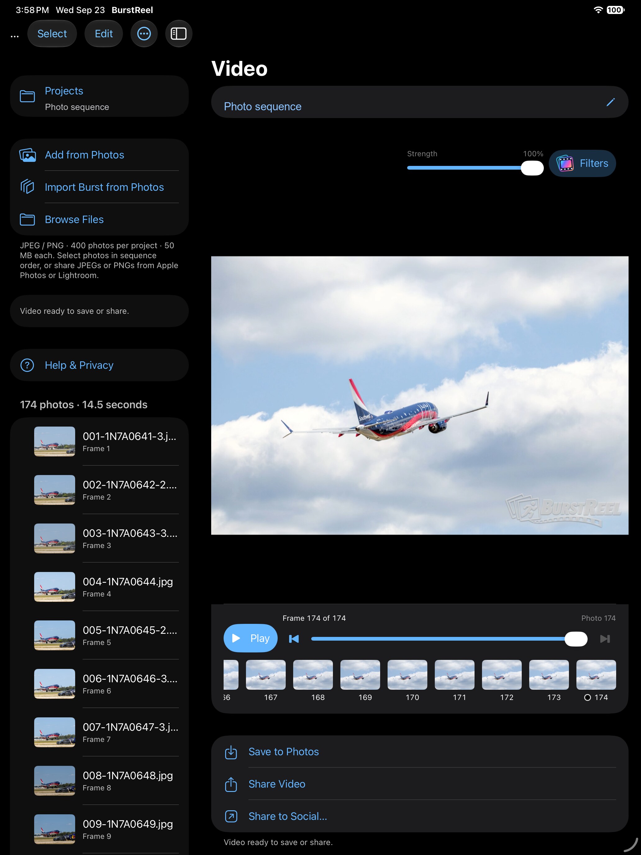 BurstReel on iPad showing the Import Burst from Photos control in the left sidebar
